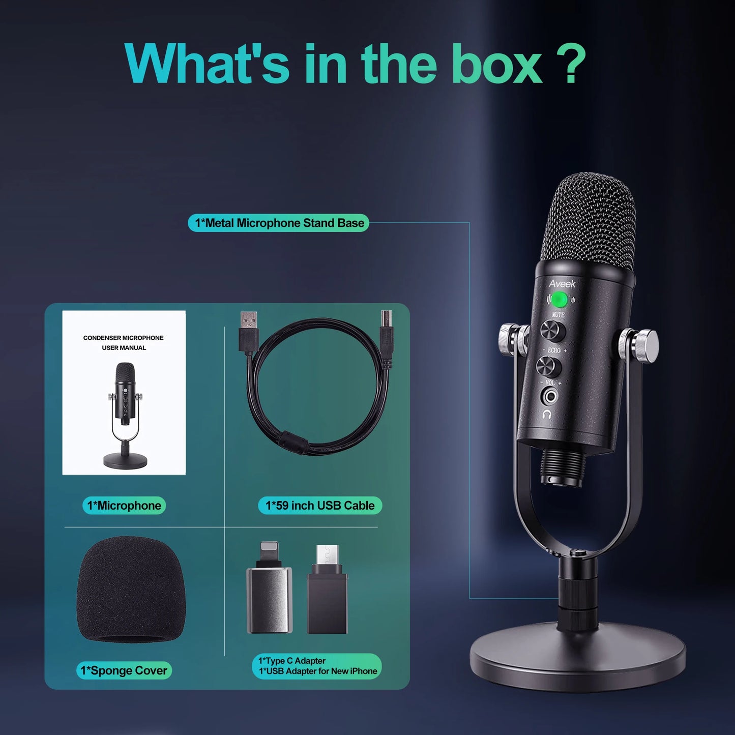 USB Kondensatormikrofon mit Mute-Taste & Rauschunterdrückung